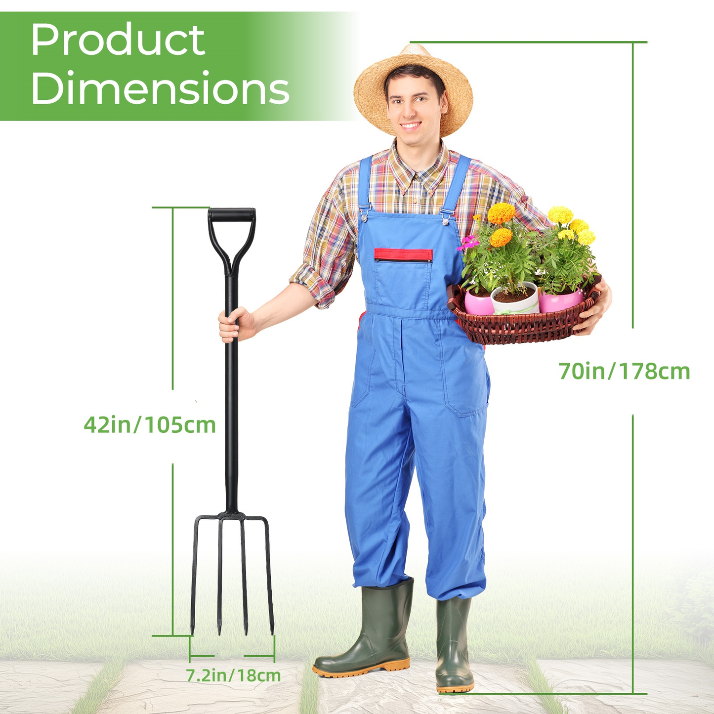 Garden Fork Heavy Duty 4-Tine - 42-Inch Long Handle Spading Fork with Ergonomic Non-Slip Grip for Turning Compost, Aerating Lawn, Loosening Soil & Planting Vegetables in Backyard Garden