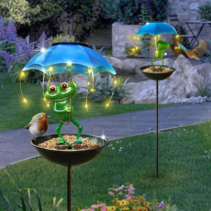 Solar Frog Statue Garden Light with Bird Feeder & LED String Decor