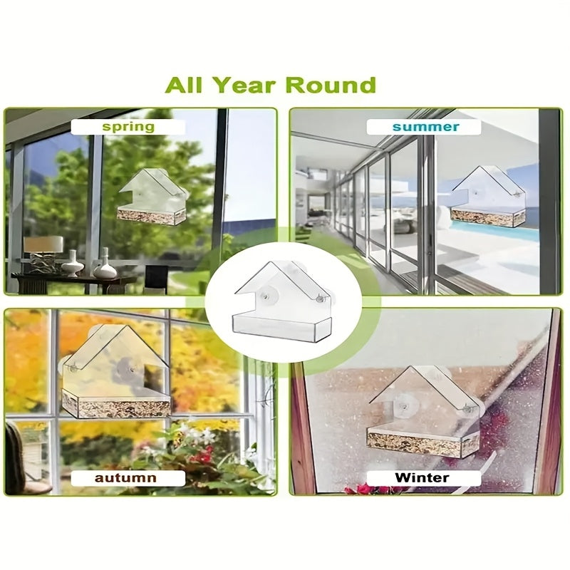Bird Feeder Window Mount Clear Acrylic Seed Dispenser with Strong Suction Cups - Weatherproof All Season Outdoor Indoor Bird Watching Tray for Finches Sparrows Chickadees Songbirds Nature Lover Gift