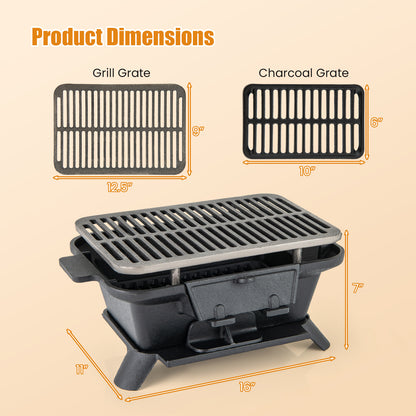 Cast Iron Charcoal Grill Portable Hibachi Tabletop BBQ Grill 16x11in Double-Sided Grate Adjustable Air Vent for Camping Picnic Parties Outdoor Cooking Black