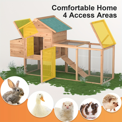 Wooden Rabbit Hutch Outdoor Chicken Coop with Run Nesting Box Ramp Sliding Tray Asphalt Roof Fir Wood 80.7 Inch for 2-4 Chickens Ducks Guinea Pigs Weather-Resistant
