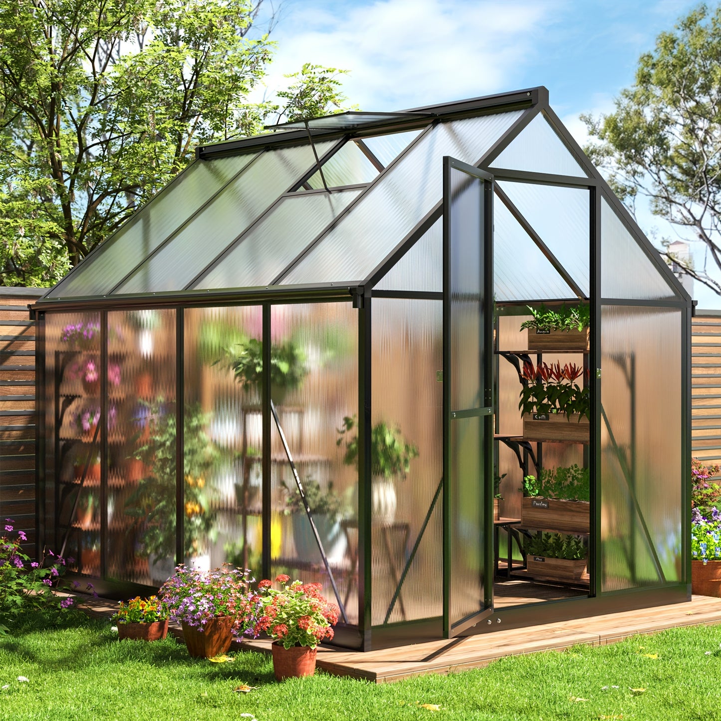Polycarbonate Greenhouse Walk-In Aluminum Frame 720g PC Panels, 90% UV Protection, 5-Speed Roof Vents & Lockable Door for Backyard Year-Round Gardening, Multiple Sizes