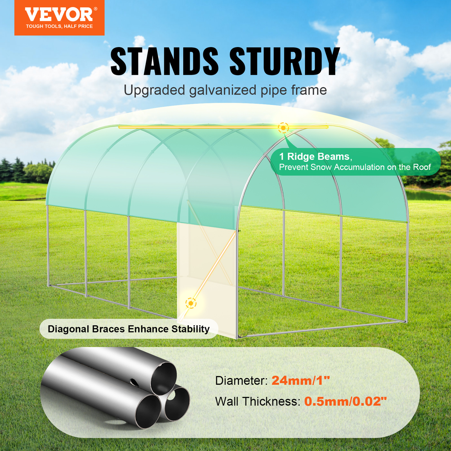 Tunnel Greenhouse Heavy Duty Galvanized Frame 140g/m² PE Cover, 6 Vent Windows Walk-In Hoop House for Garden & Farm, Multiple Sizes