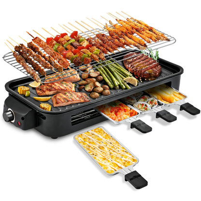 Indoor Electric Smokeless Grill 1700W with Raclette Pans, Non-Stick Dishwasher Safe Plate, Portable Tabletop BBQ Griddle for Couples