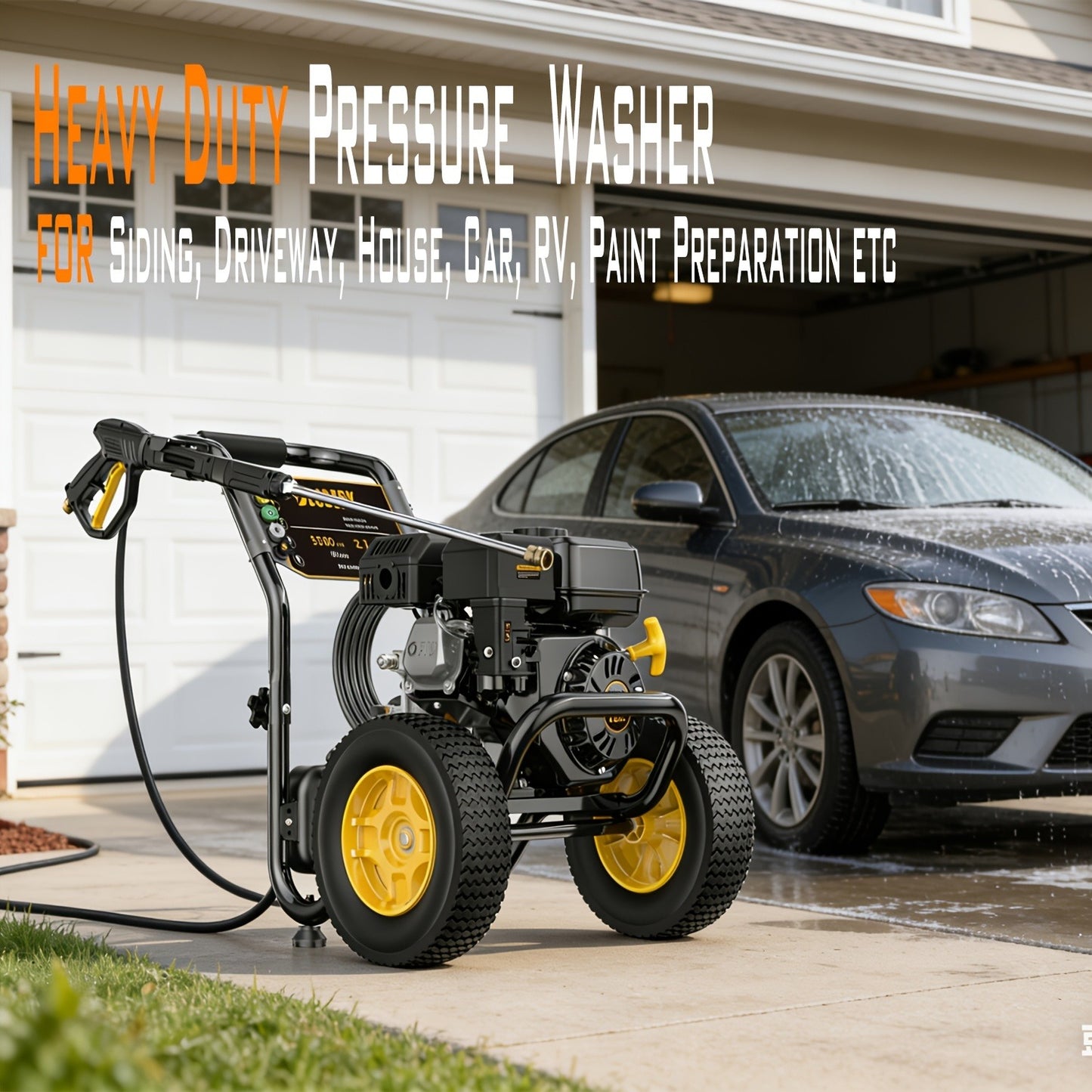 Gas Pressure Washer 3500PSI 2.6GPM 7.0HP 4-Stroke Engine 30-Foot Hose 5 Nozzles Off-Road Wheels Heavy Duty for Siding Driveway Car RV Paint Prep
