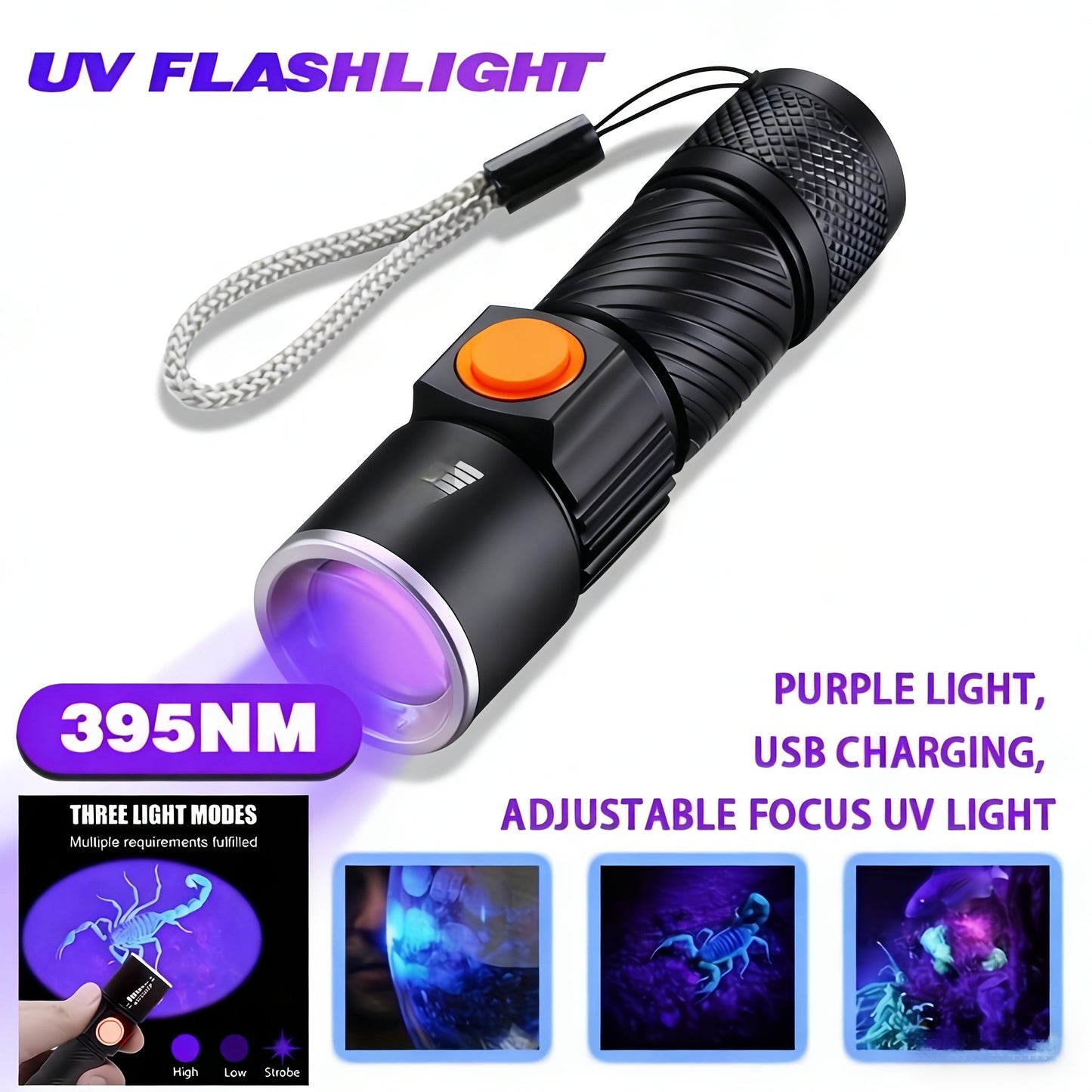 UV Flashlight Black Light 395nm USB Rechargeable - Ultraviolet Torch with 3 Modes for Pet Stain Detection, Bed Bug, Mold, Scorpion, Home & Outdoor Use