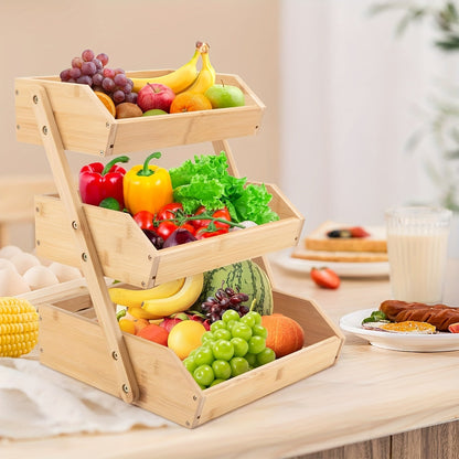Fruit Basket Stand 2 & 3 Tier Wooden Countertop Organizer Large Capacity Kitchen Storage for Fruits Vegetables Bread Produce with Banana Hooks Natural Wood