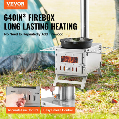 Wood Stove Camping Tent Stove 80 Inch Stainless Steel, 700in³ Firebox, 8 Accessories, BBQ Grill Plate, Chimney Pipes, Portable Outdoor Heating & Cooking, 11.71 lbs