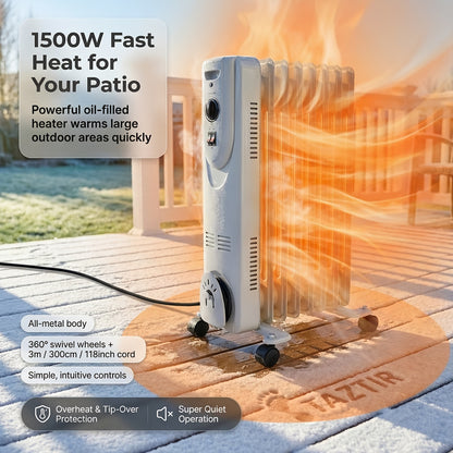 Oil Filled Radiator Heater 1500W Portable Electric Space Heater with 3 Heating Modes 600W/900W/1500W, Adjustable Thermostat, Overheat & Tip-Over Protection, Heavy-Duty Metal Housing with Casters