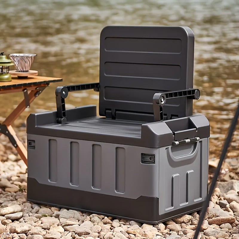 Folding Storage Box & Fishing Stool 2-in-1 – Large Capacity Portable Organizer with Backrest for Car Trunk, Outdoor Camping, Beach & Home Storage