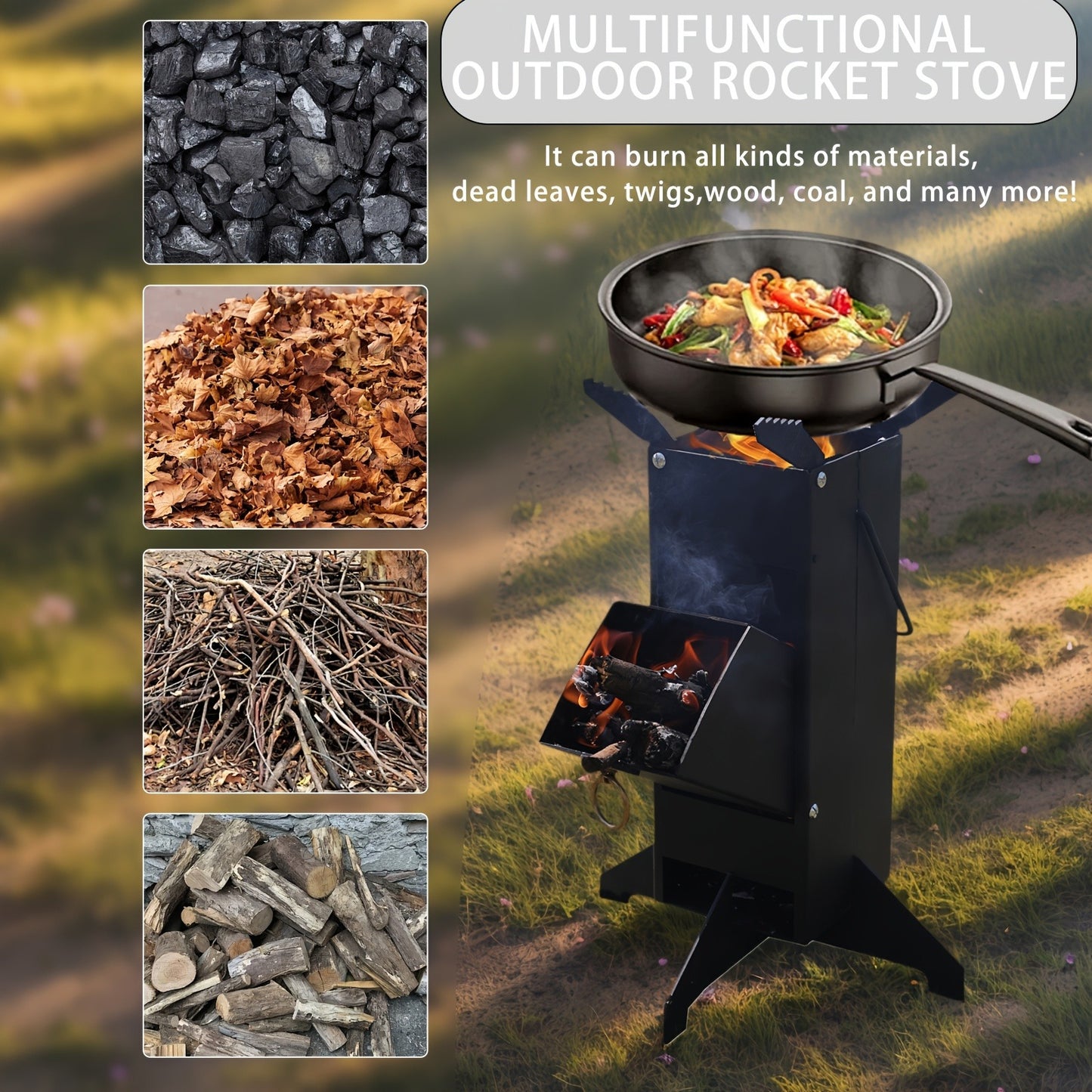 Rocket Stove Wood Burning Stove, Heavy-Duty Detachable Outdoor Cooking Stove for Courtyard, Camping & Grilling – Charcoal & Firewood Compatible, Black