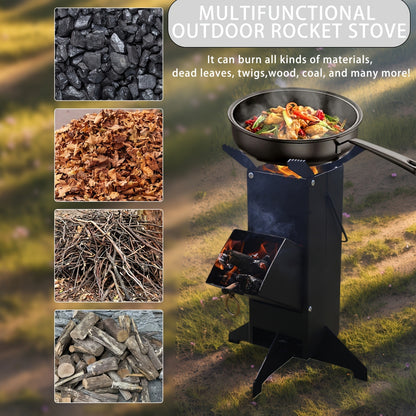 Rocket Stove Wood Burning Stove, Heavy-Duty Detachable Outdoor Cooking Stove for Courtyard, Camping & Grilling – Charcoal & Firewood Compatible, Black