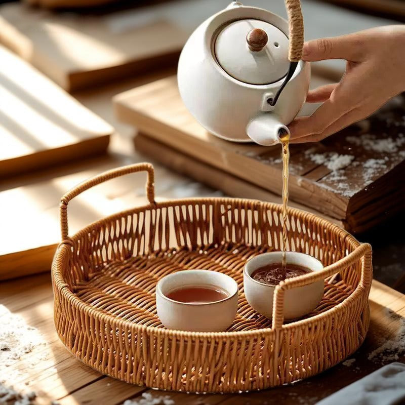 Woven Rattan Bread Basket Set of 3 Round Fruit Basket with Handles for Bread Fruit Vegetables Dim Sum Dining Table Catering Display Decor