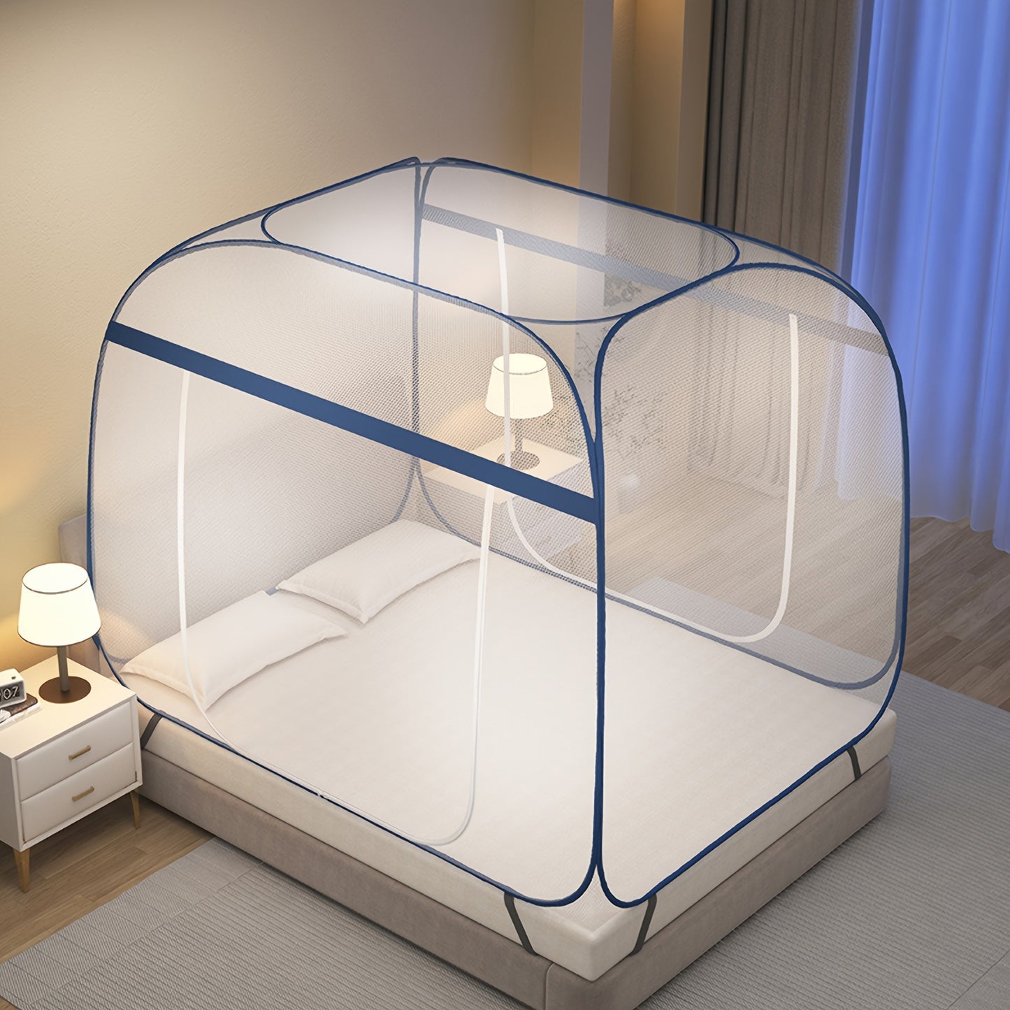 Mosquito Net Canopy Bed – Yurt Style 360° Full Coverage, Stainless Steel Frame, Easy Open Design for Bedroom, Dorm & Outdoor, Multiple Sizes, Grey & Blue