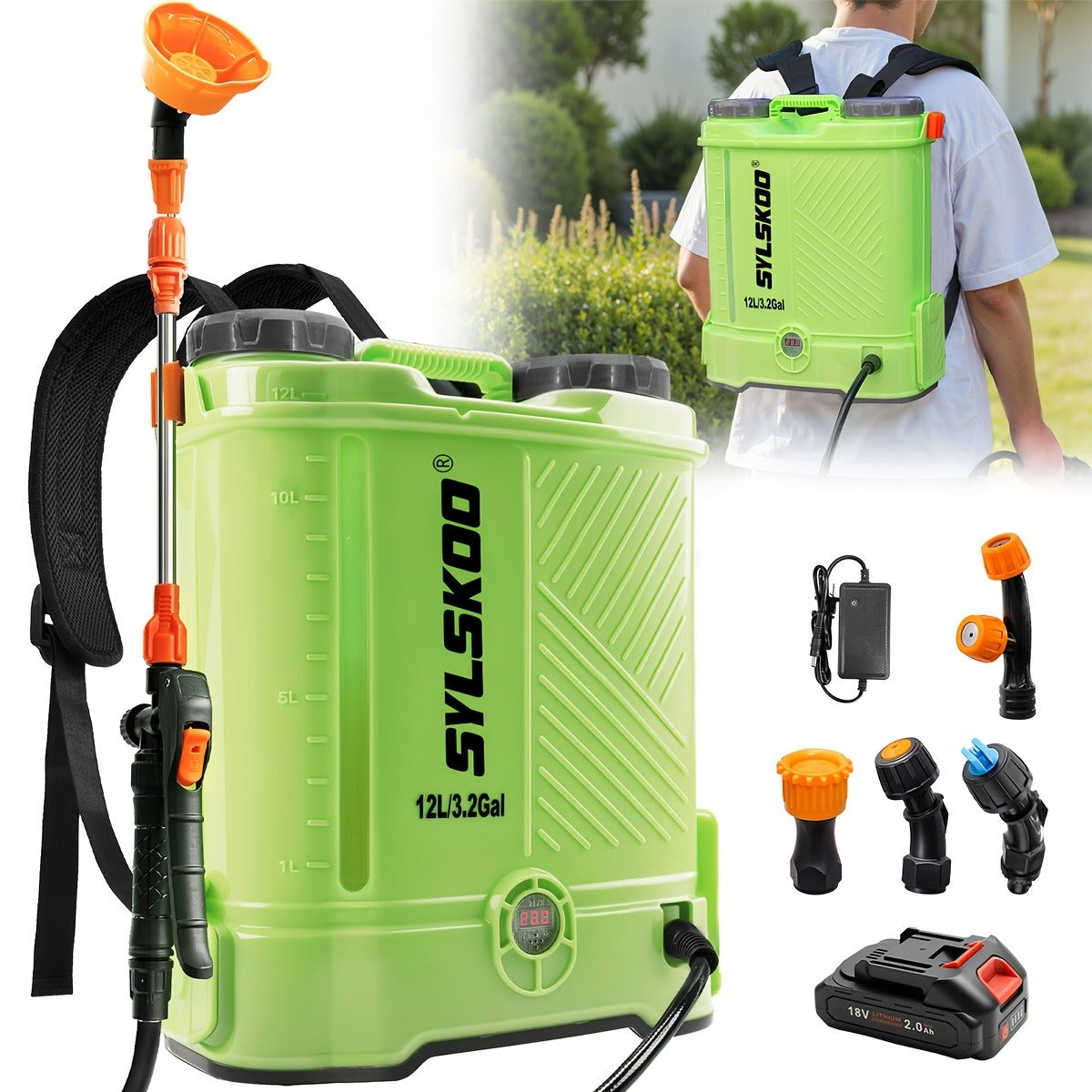 Battery Powered Backpack Sprayer 3.2 Gallon 0-80 PSI Adjustable Electric Garden Sprayer with Steel Telescopic Wand 5 Nozzles 2.0Ah 18V Battery & Charger