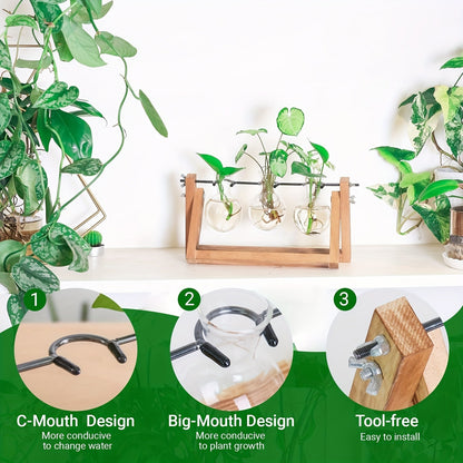 Propagation Station 3 Bulb Glass Vase with Wooden Stand - Hydroponic Plant Terrarium for Home Office Desk Decor, Unique Gardening Gift for Women Plant Lovers, Boho Cottagecore