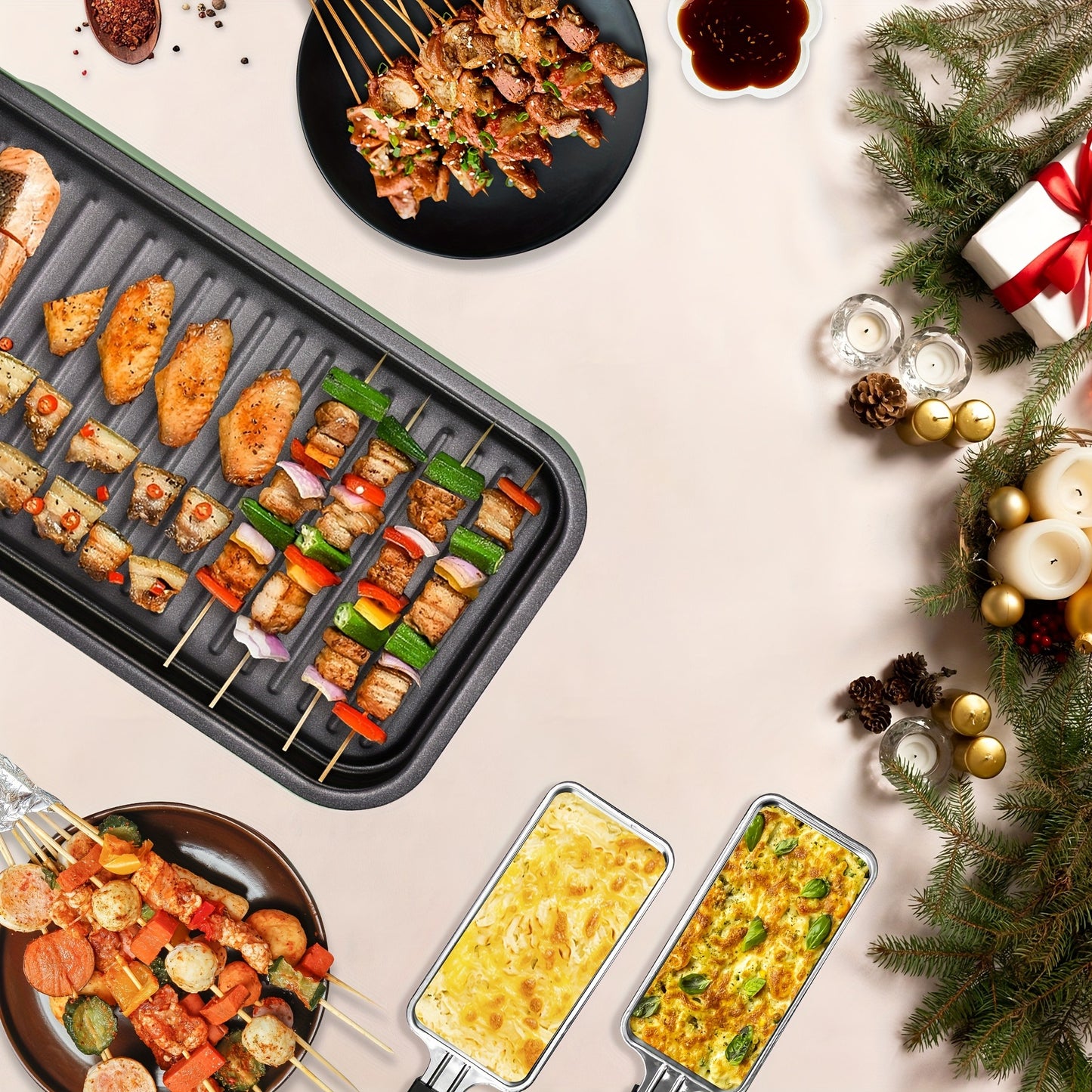 Indoor Smokeless Electric Grill 1500W Non-Stick Raclette Table Grill with Removable Plate & 3 Mini Pans Dishwasher Safe Compact BBQ Griddle