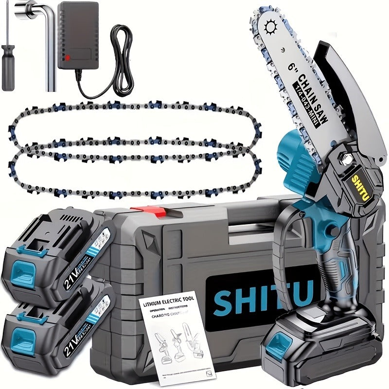 Handheld Electric Chainsaw – Mini Cordless Portable Tree Cutter with Splash Guard, Security Lock, Rechargeable Battery Options, Garden & Yard Gift for Men