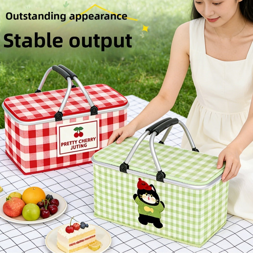 Insulated Picnic Box with Aluminum Frame – Collapsible Thermal Camping Storage Basket for Outdoor Picnic, BBQ, Travel & Camping with Cute Pattern Designs