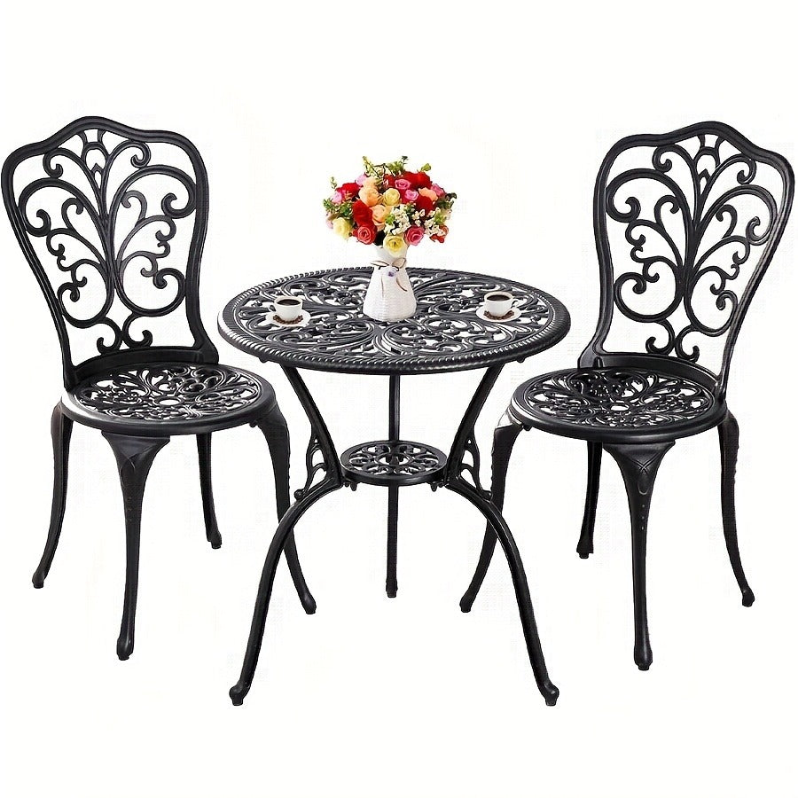 Patio Bistro Set 3 Piece Cast Aluminum Outdoor Table and 2 Chairs with Umbrella Hole All Weather Front Porch Balcony Furniture Set Black