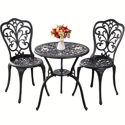 Patio Bistro Set 3 Piece Cast Aluminum Outdoor Table and 2 Chairs with Umbrella Hole All Weather Front Porch Balcony Furniture Set Black