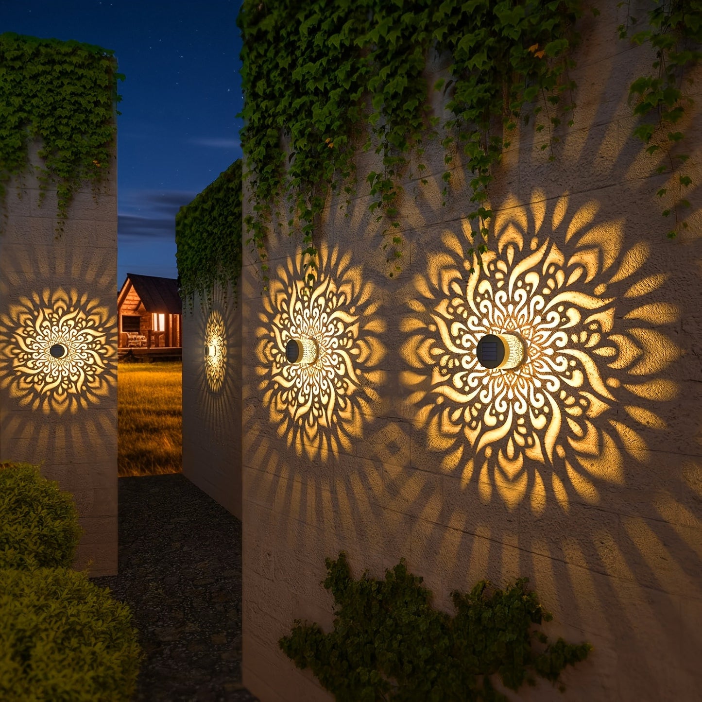 Solar Garden Lights Outdoor Waterproof IP65 Mandala LED Fence Wall Lights Metal Deck Step Lights for Yard Patio Courtyard Pathway Decoration Festival Gift 1/2/4 Pack
