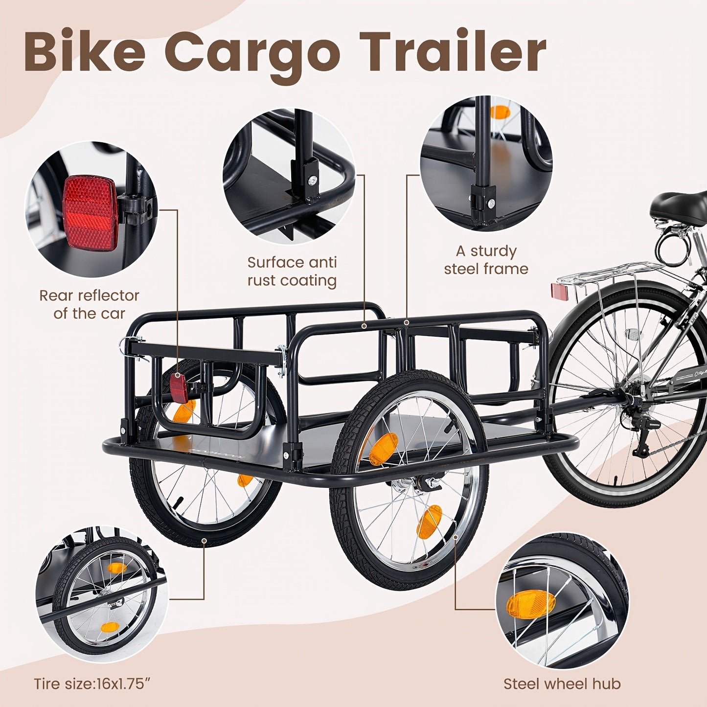 Foldable Bike Cargo Trailer | Heavy-Duty Bicycle Wagon Cart 176 Lbs Capacity, 16" Wheels, Reinforced Steel