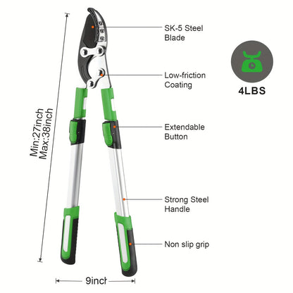 Extendable Pruning Shears 22-27.5 Inch - SK5 Steel Blades Cut 2.5" Branches, Shock-Absorbing Ergonomic Handle, Long Reach Tree & Shrub Trimmer for Hedges