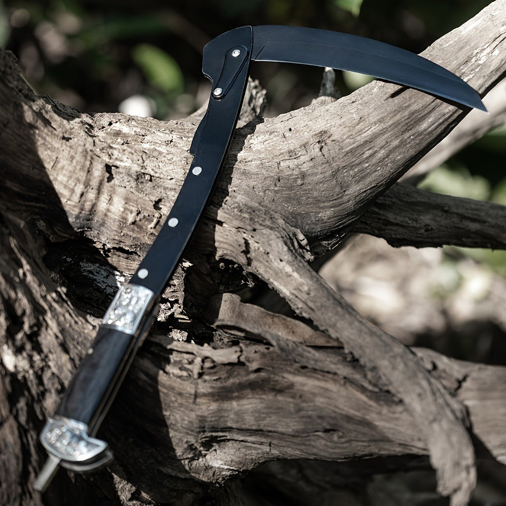 Folding Sickle Stainless Steel Flat Edge Blade with Black Wood Handle & Double Bolsters, Portable Weeding Scythe with Nylon Case for Gardening, Camping and Outdoor Survival