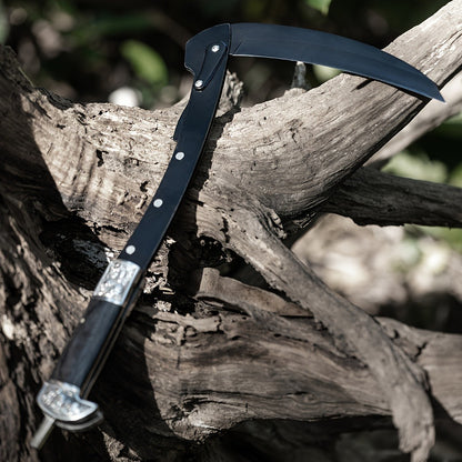 Folding Sickle Stainless Steel Flat Edge Blade with Black Wood Handle & Double Bolsters, Portable Weeding Scythe with Nylon Case for Gardening, Camping and Outdoor Survival