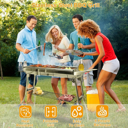 Charcoal BBQ Grill Foldable Large with Side Shelf & Storage Basket – Stainless Steel Portable Outdoor Grill for Camping, Picnic, Garden Patio & Travel | Optional 3-Piece Tool Set