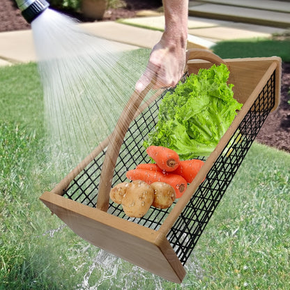 Garden Harvest Basket Metal Mesh with Wooden Handle – Rectangle Vegetable Fruit Picking Basket for Garden, Kitchen & Farmhouse Storage, Wash & Drain Design, Small & Large, Black