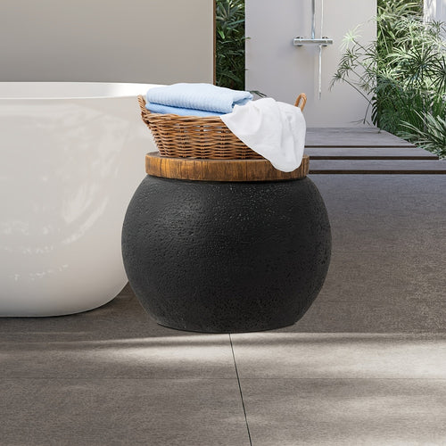 Outdoor Side Table 17in Concrete with Wood-Look Top, Accent End Table for Patio, Garden Stool for Living Room, Bedroom, Backyard Decor, Black & Hourglass Style