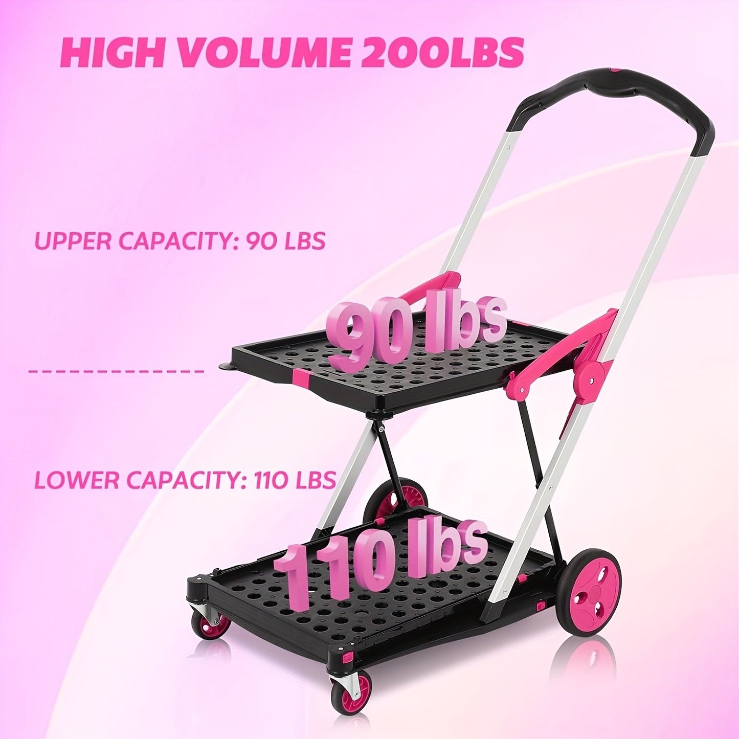 Collapsible Utility Cart 200 lb Heavy Duty Foldable Shopping Trolley 4-Wheel 360° Swivel Locking Brake Lightweight Portable Dolly for Grocery Mall Camping Pink Purple