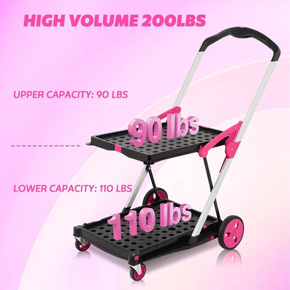 Collapsible Utility Cart 200 lb Heavy Duty Foldable Shopping Trolley 4-Wheel 360° Swivel Locking Brake Lightweight Portable Dolly for Grocery Mall Camping Pink Purple