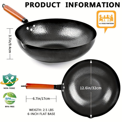 Wok Set Cast Iron 12.6 Inch Nonstick with 13 Accessories – Natural Nonstick No Chemical Coating Stir Fry Pan with Lid & Detachable Handle | Gas Electric Induction Ceramic Stovetop Kitchen Gift