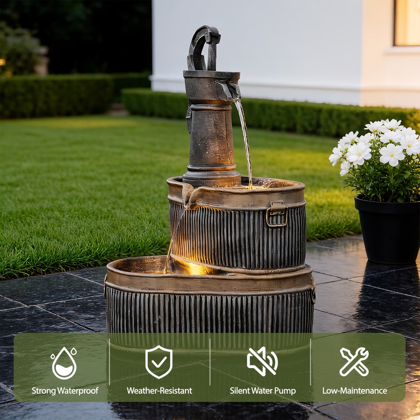Outdoor Water Fountain 2-Tier Barrel with LED Light & Pump - Rustic Resin Garden Fountain for Patio, Yard & Deck Decor, Bronze Finish, Continuous Flow