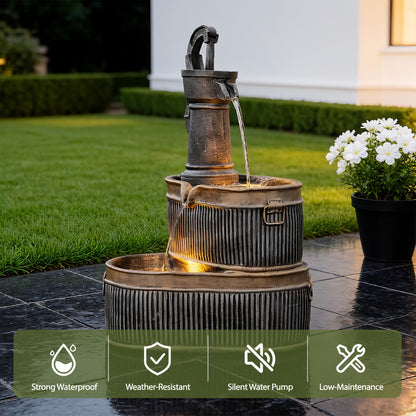 Outdoor Water Fountain 2-Tier Barrel with LED Light & Pump - Rustic Resin Garden Fountain for Patio, Yard & Deck Decor, Bronze Finish, Continuous Flow