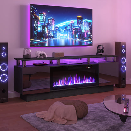 Fireplace TV Stand 70 Inch with 36" Electric Fireplace 2-Tier High Gloss Wood Entertainment Center LED Lights Cabinet Media Console Living Room