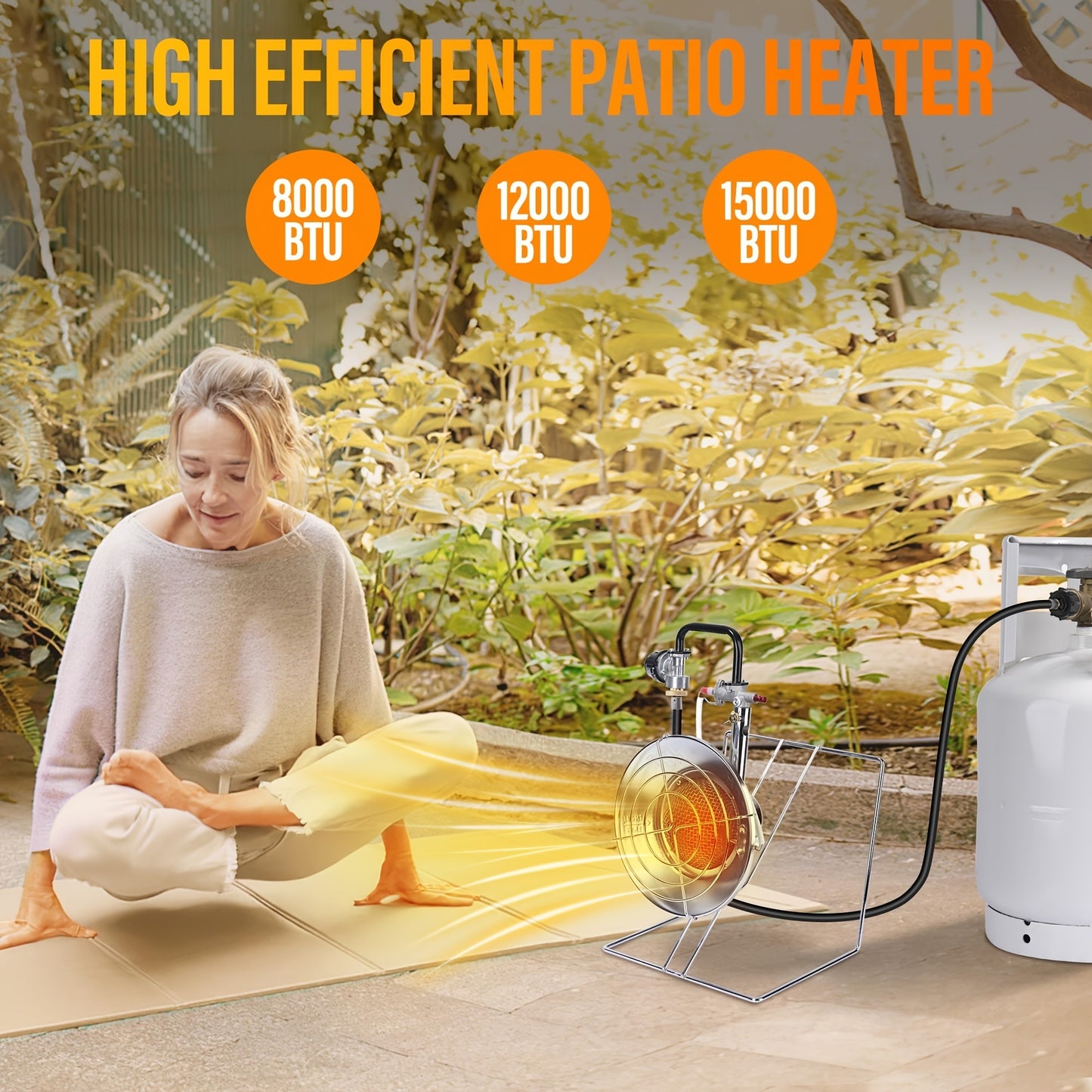 Portable Propane Heater 15,000 BTU with 8ft Hose & Piezo Igniter, 2-in-1 Propane Heater & Cooker, Tip-Over Protection, 3 Heat Settings – Camping, Garage, Patio, Ice Fishing, Hunting