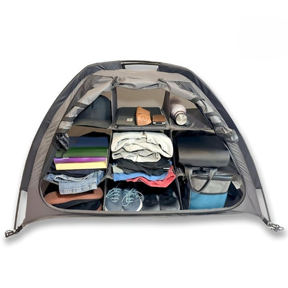 Camping Tent Organizer 9-Shelf with Zippered Flap — Hanging Storage Rack for Shoes, Gear & Dining, Fits Most Tents, Brown & Gray