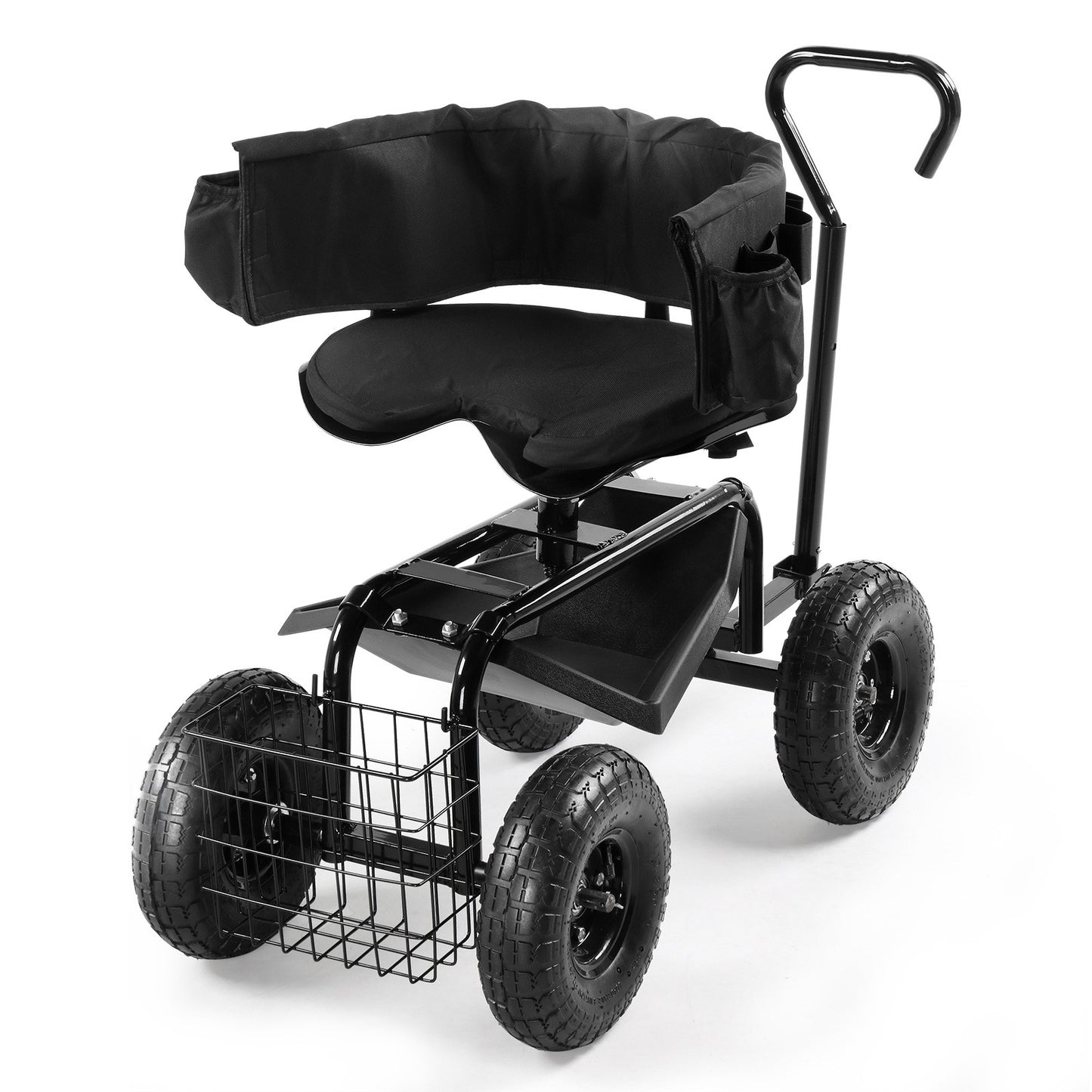 Rolling Garden Seat Cart | Backrest, Cushion, Telescopic Handle & Storage Basket, Steel Frame