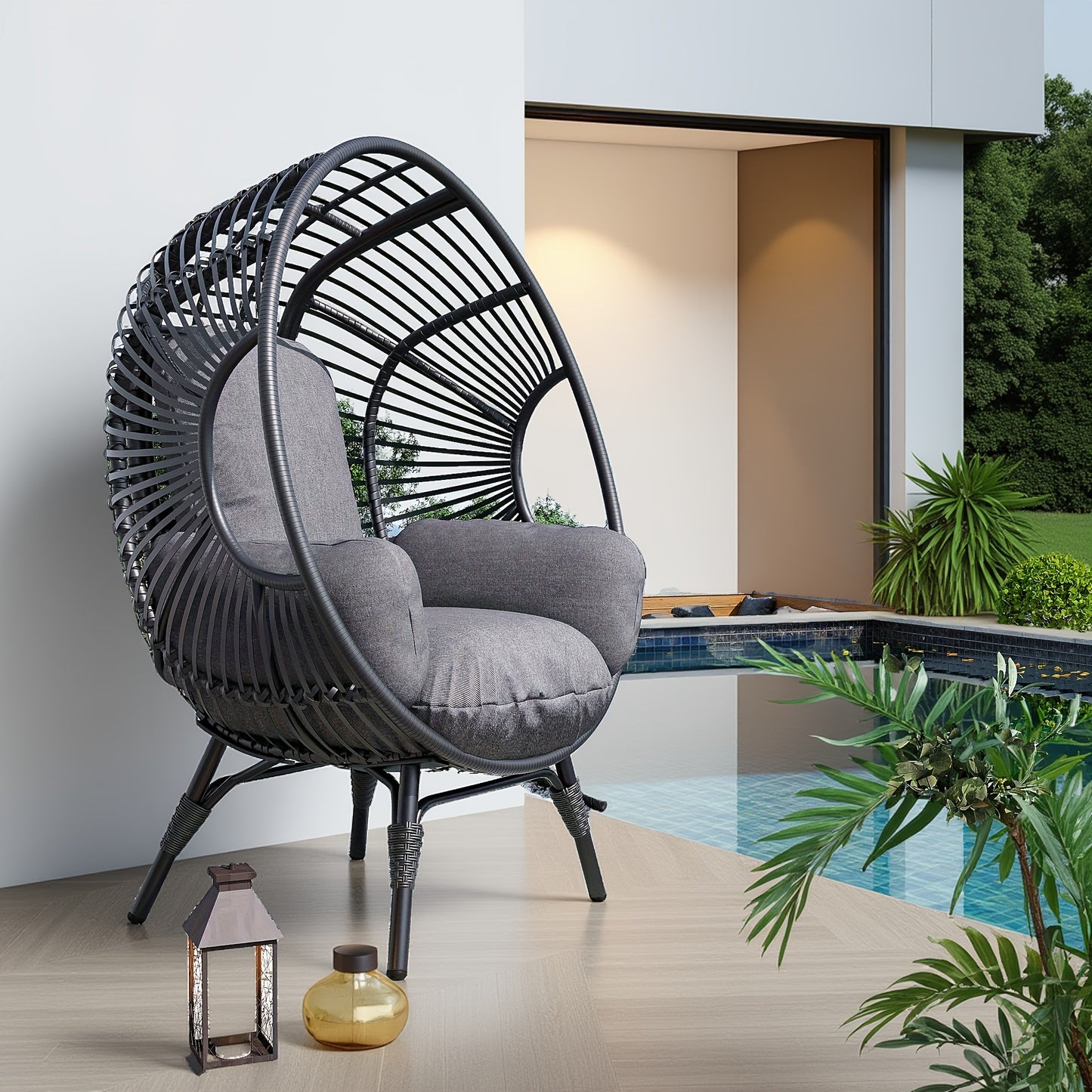 Egg Chair Outdoor Wicker Oversized Hanging Basket Chair with Stand & Cushion 500LBS Capacity UV-Resistant Rattan Style Patio Lounge Chair for Garden Backyard Balcony Porch Beige Black