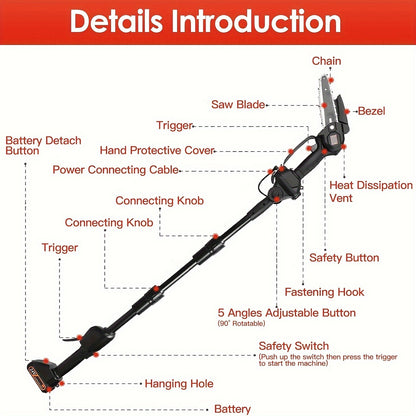 Tree Trimmer Pole Saw Cordless 2-in-1 with 4" & 6" Chains, 24V 1500mAh×2 Batteries, 3-Section Extendable to 71" & 90° Swivel Head for Branch Cutting