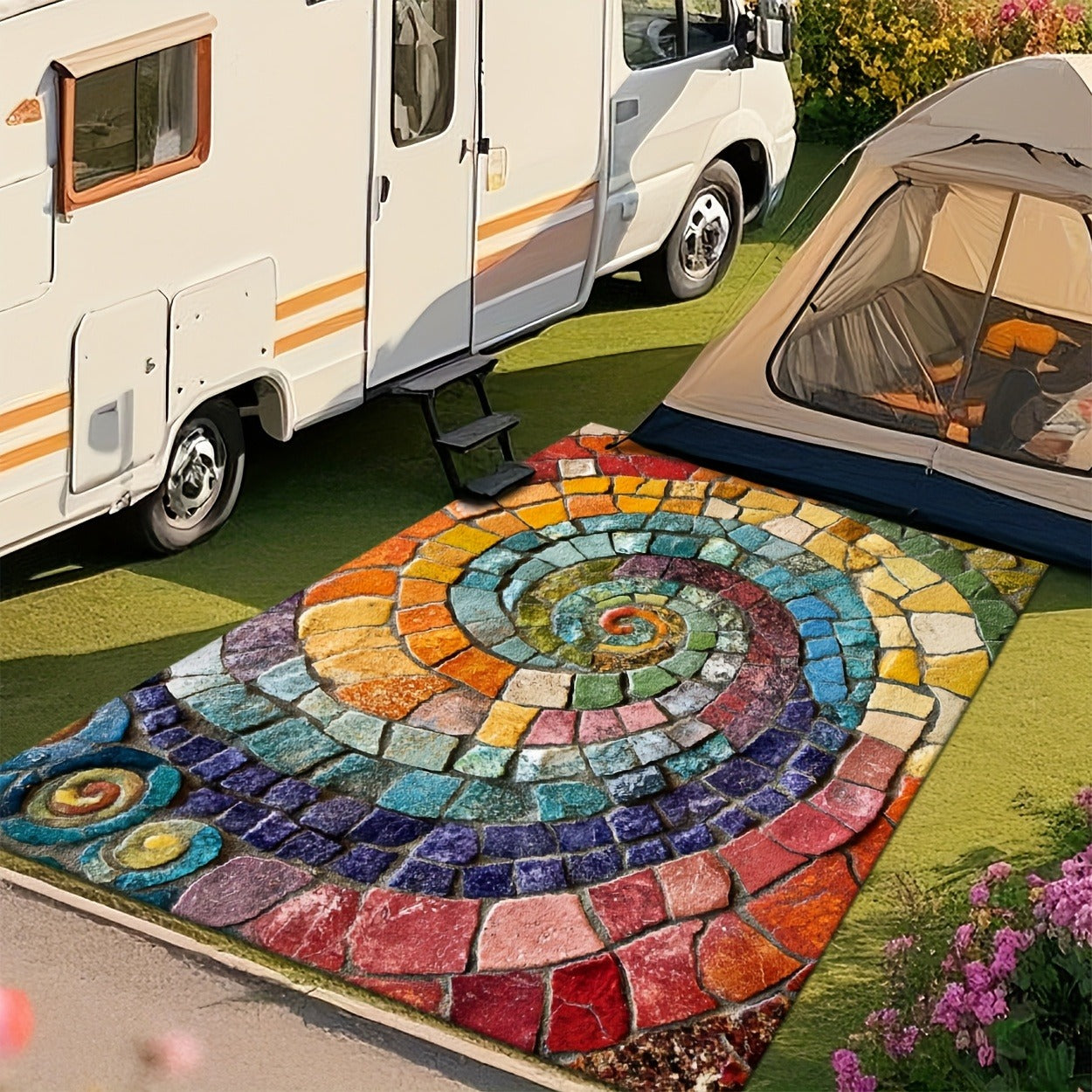 Indoor Outdoor Area Rug – Multicolor Mosaic Pattern, Machine Washable, Rubber Backing, Large Floor Mat for Living Room, Patio, Porch, Cafe & Office