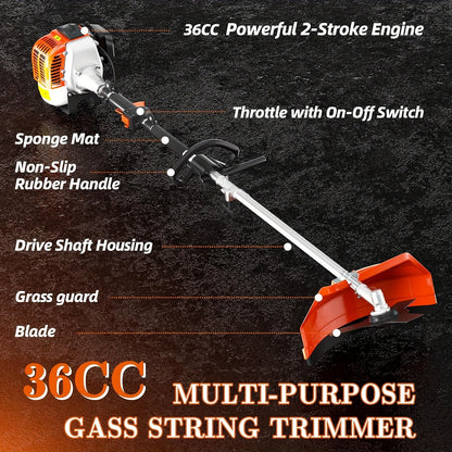 Gas String Trimmer 3-in-1 – 36CC/48CC/52CC 2-Stroke Brush Cutter & Weed Wacker with String Head, 3T Blade & 40T Circular Blade, Backpack Option