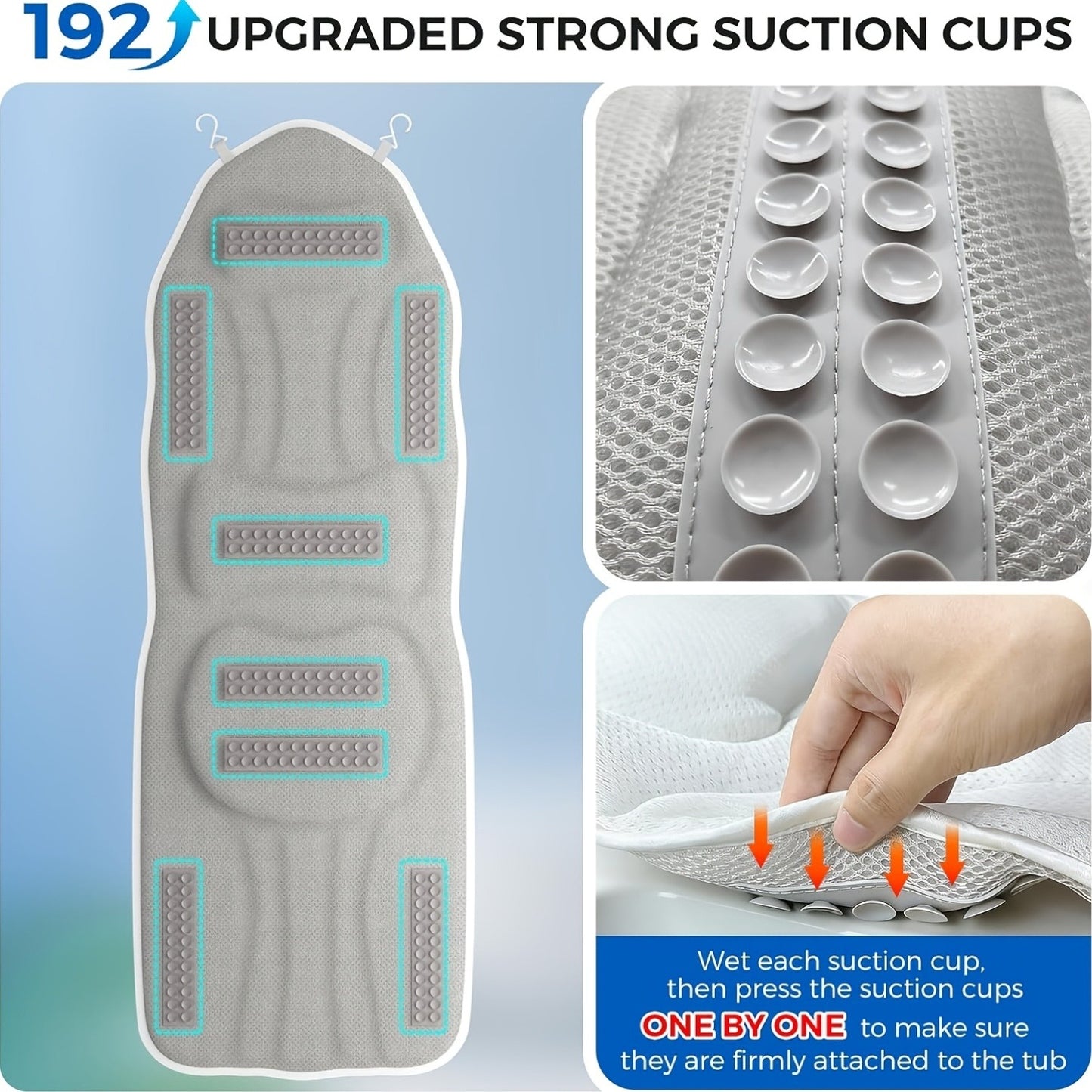 Full Body Bath Mat 52x16 Inch Bathtub Pillow with 180 Suction Cups 5D Mesh Cushion Head Neck Support Anti-Slip Spa Tub Pad for Women Luxury Bathroom Accessory
