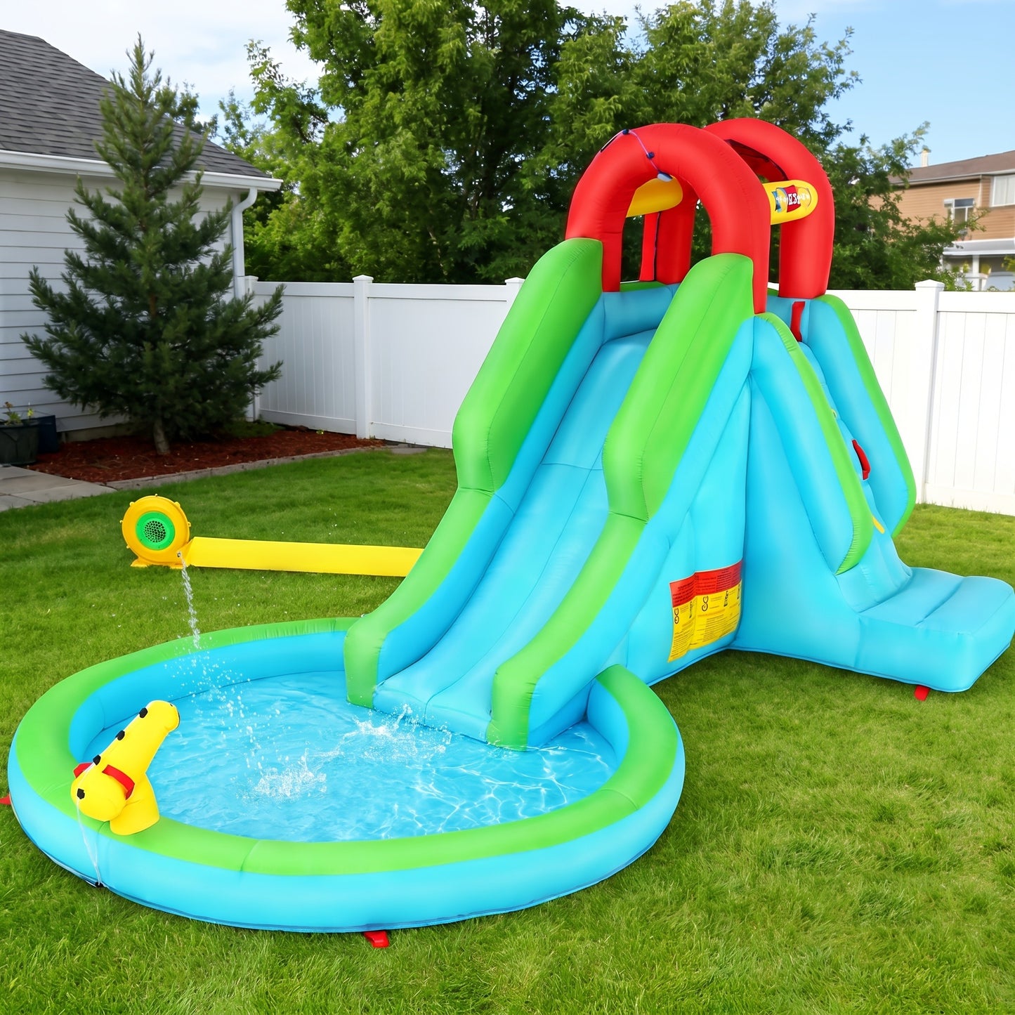 Large Inflatable Pool Water Park with Slide, Climbing Wall, Water Guns & Sprinklers – Backyard Summer Fun for Kids & Adults