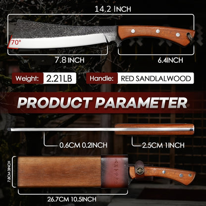 Machete High-Carbon Steel 7.8" Blade with Red Sandalwood Handle, Full Tang Outdoor Knife with Wood & Leather Case for Camping, Hiking, Gardening and Survival