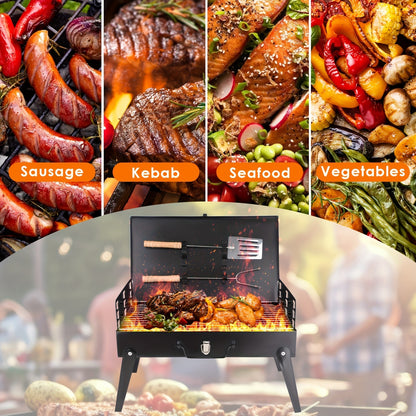 Charcoal Grill Portable BBQ with Hood – Foldable Compact Outdoor Barbecue Grill for Camping Tailgating Picnic Backyard Cookouts | Lightweight Steel with Accessories Included